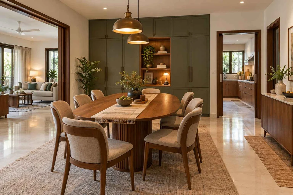 AI-generated dining-room concept: rounded-table dining room, weekend craft-to-meal reset direction