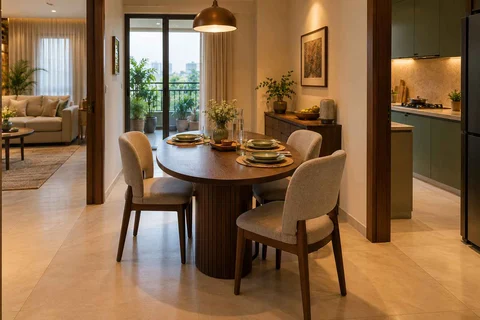 AI-generated dining-room concept: rounded-table dining room, weeknight compact hosting direction