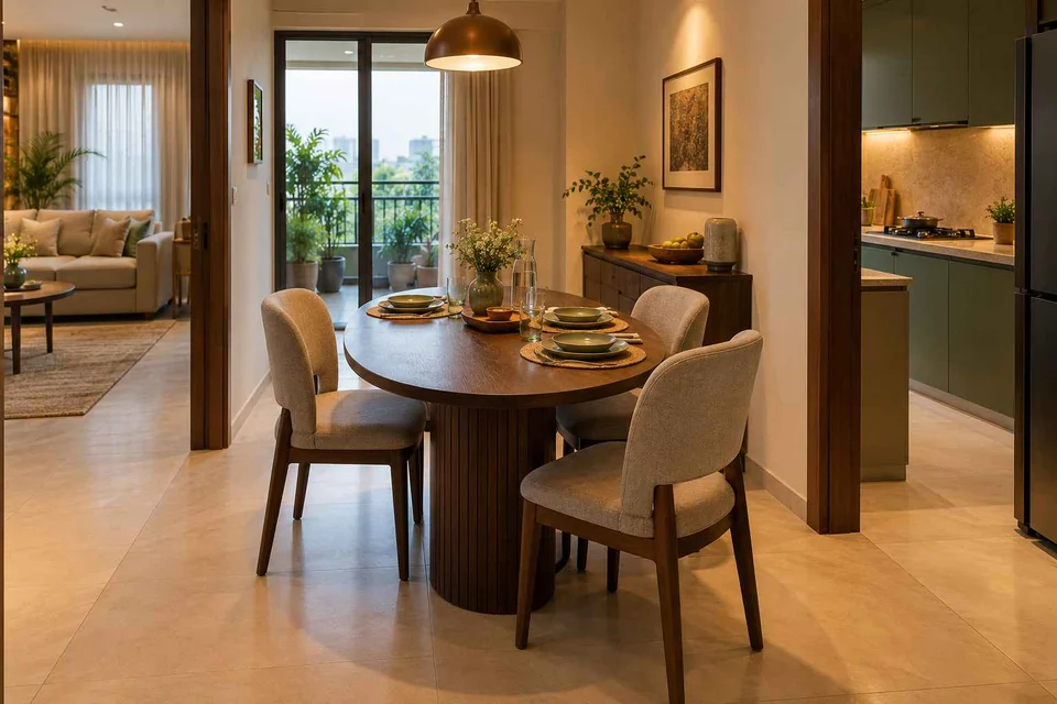 AI-generated dining-room concept: rounded-table dining room, weeknight compact hosting direction