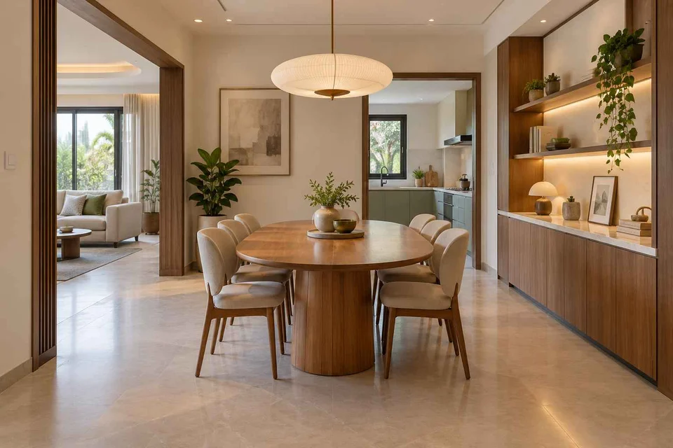 AI-generated dining-room concept: rounded-table dining room, work-from-home reset direction
