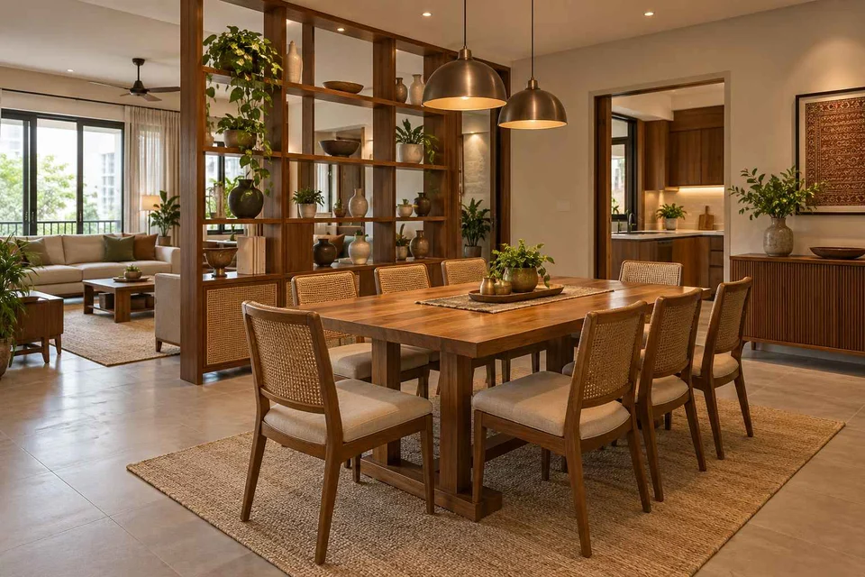 AI-generated dining-room concept: shelf-screen dining room, adaptable everyday dining direction