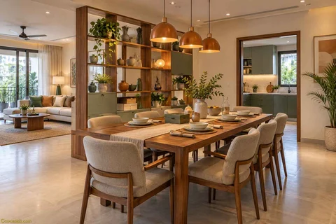 AI-generated dining-room concept: shelf-screen dining room, board-game supper direction