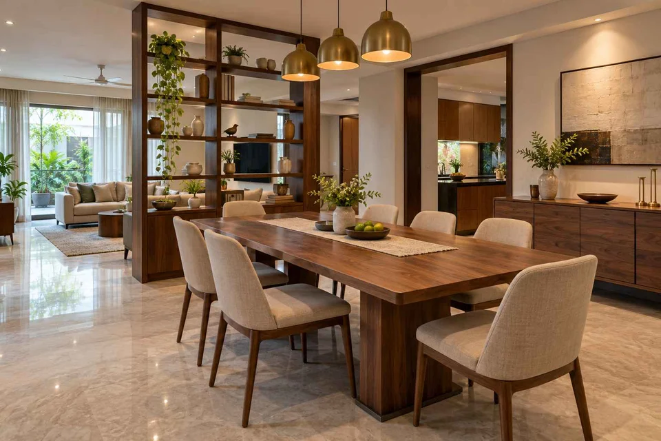 AI-generated dining-room concept: shelf-screen dining room, buffet-side gathering direction