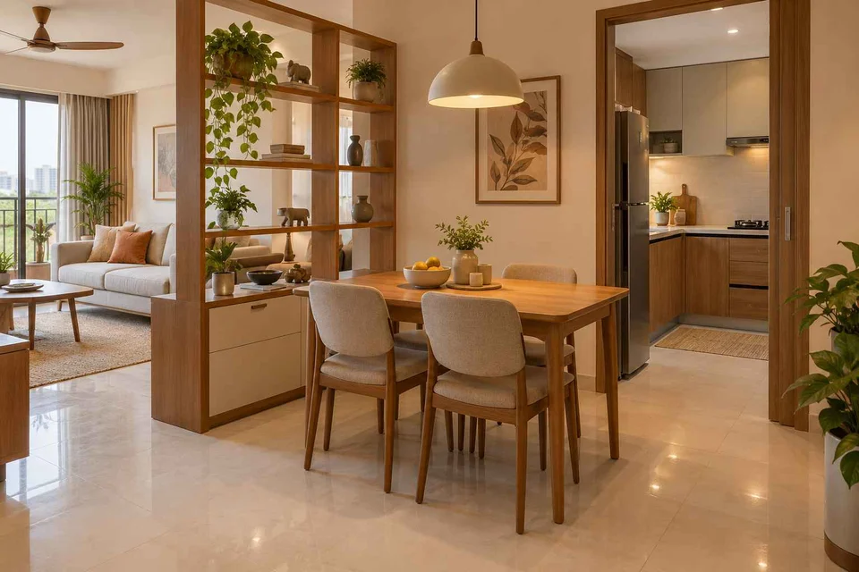 AI-generated dining-room concept: shelf-screen dining room, children's everyday meals direction