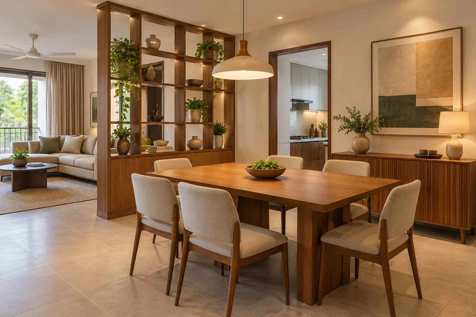 AI-generated dining-room concept: shelf-screen dining room, clear-table daily reset direction