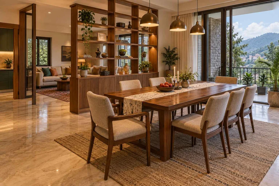 AI-generated dining-room concept: shelf-screen dining room, cool-season family table direction