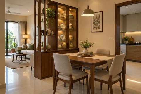 AI-generated dining-room concept: shelf-screen dining room, crockery collection display direction