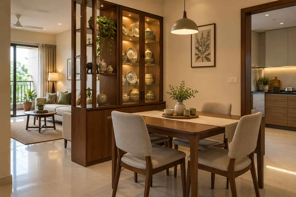 AI-generated dining-room concept: shelf-screen dining room, crockery collection display direction