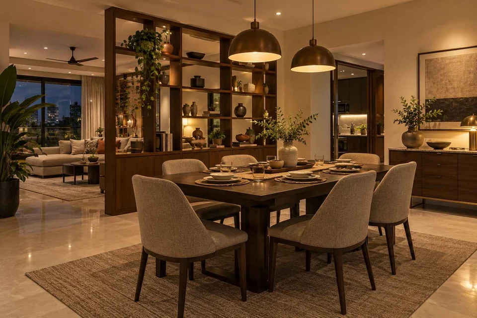 AI-generated dining-room concept: shelf-screen dining room, evening candleless dinner direction
