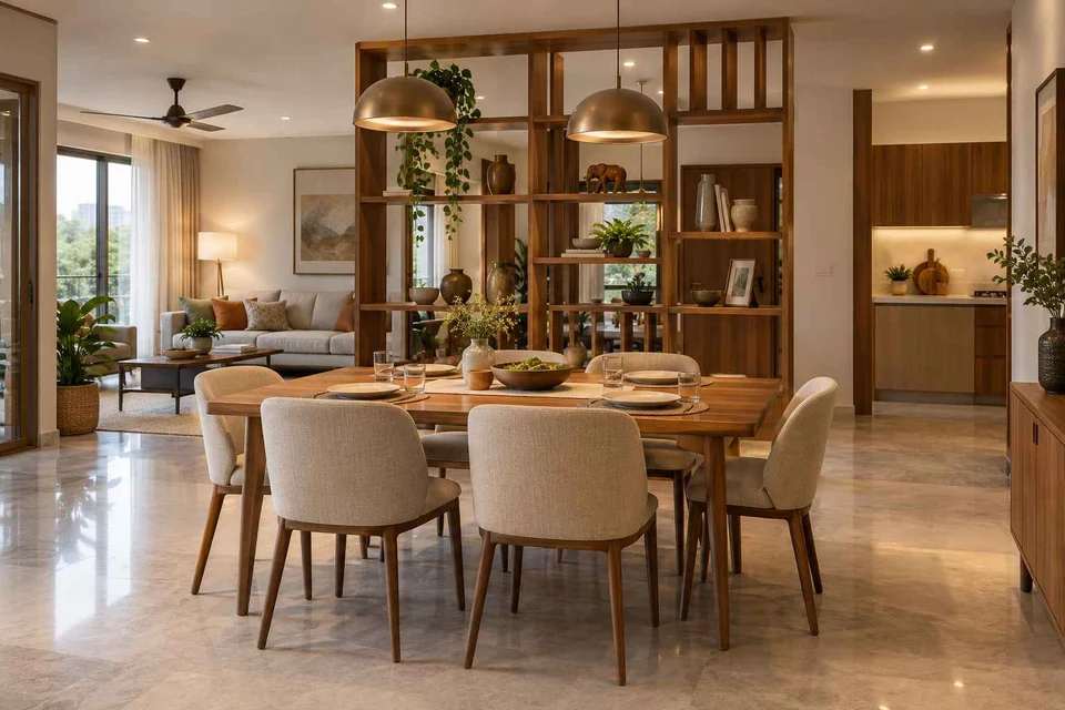 AI-generated dining-room concept: shelf-screen dining room, everyday family supper direction