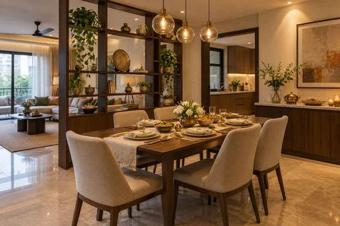 AI-generated dining-room concept: shelf-screen dining room, festival meal preparation direction