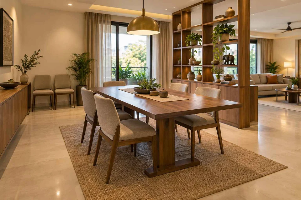 AI-generated dining-room concept: shelf-screen dining room, flexible extra seats direction