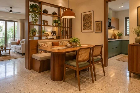 AI-generated dining-room concept: shelf-screen dining room, grandparents and grandchildren direction