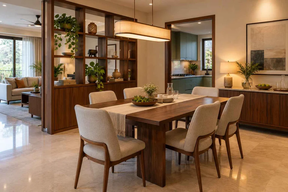 AI-generated dining-room concept: shelf-screen dining room, guest welcome meal direction