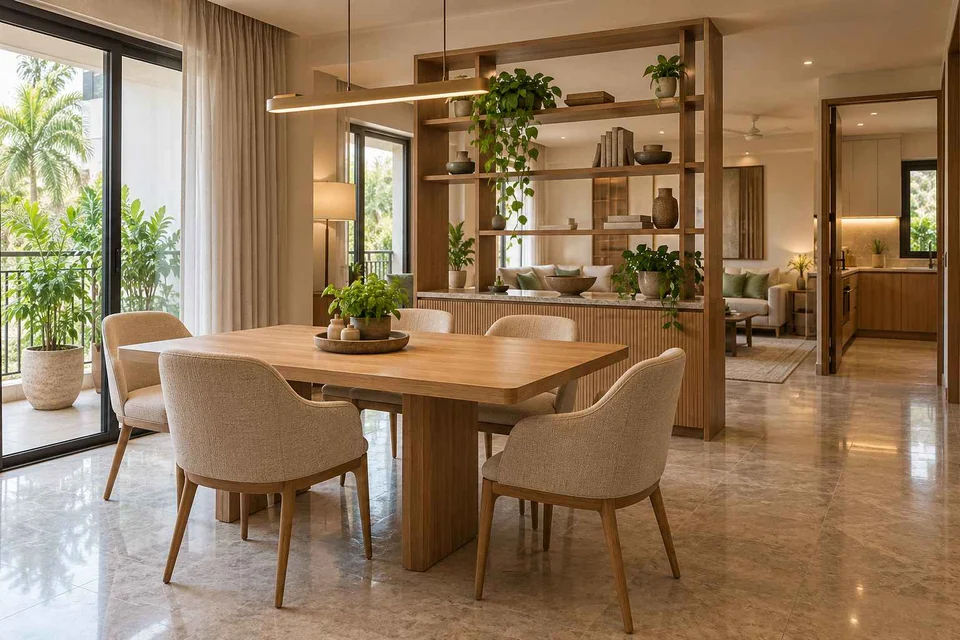 AI-generated dining-room concept: shelf-screen dining room, homegrown herb table direction