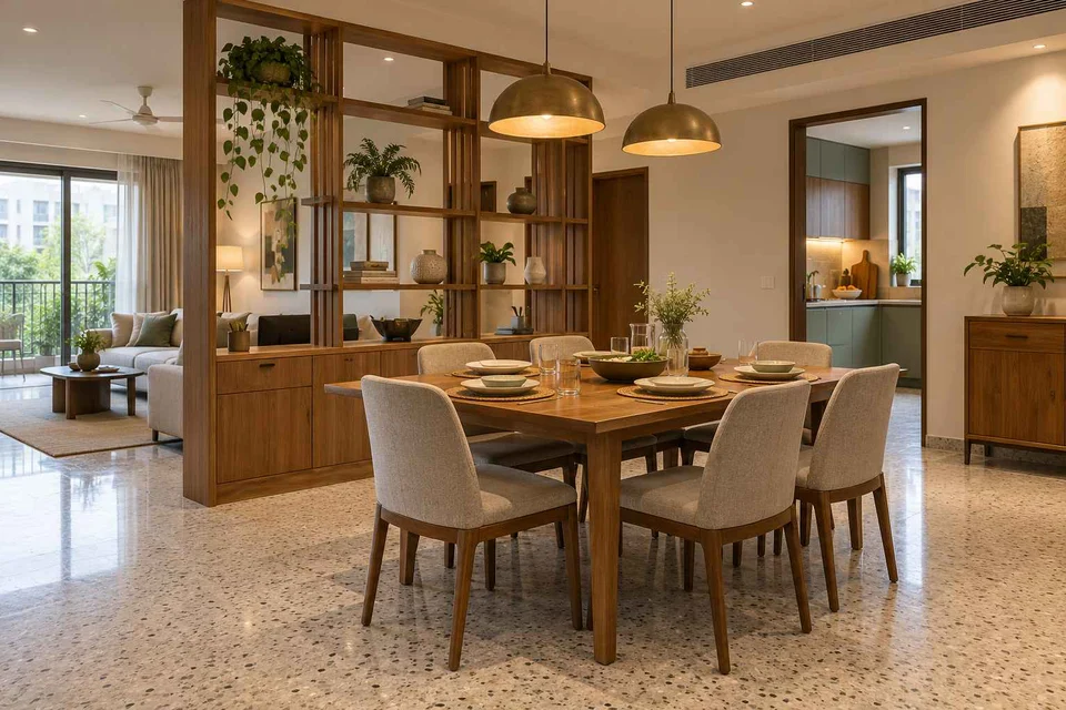 AI-generated dining-room concept: shelf-screen dining room, homework-to-dinner transition direction