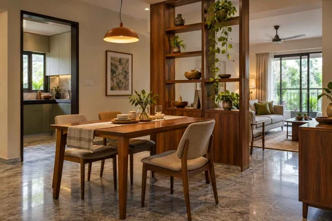 AI-generated dining-room concept: shelf-screen dining room, monsoon lunch light direction