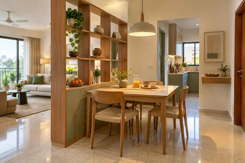 AI-generated dining-room concept: shelf-screen dining room, morning breakfast rhythm direction