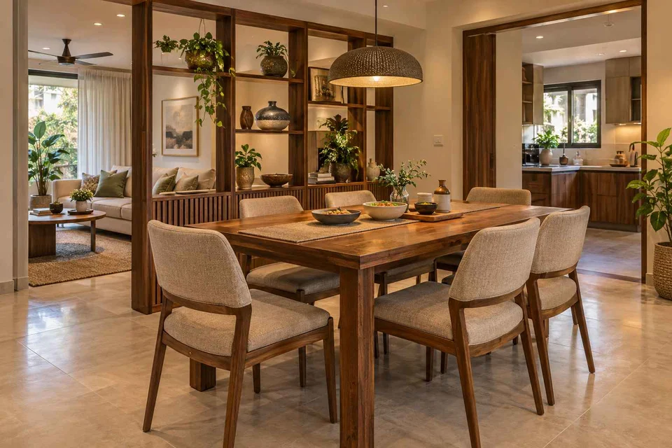 AI-generated dining-room concept: shelf-screen dining room, serving bowl sharing direction