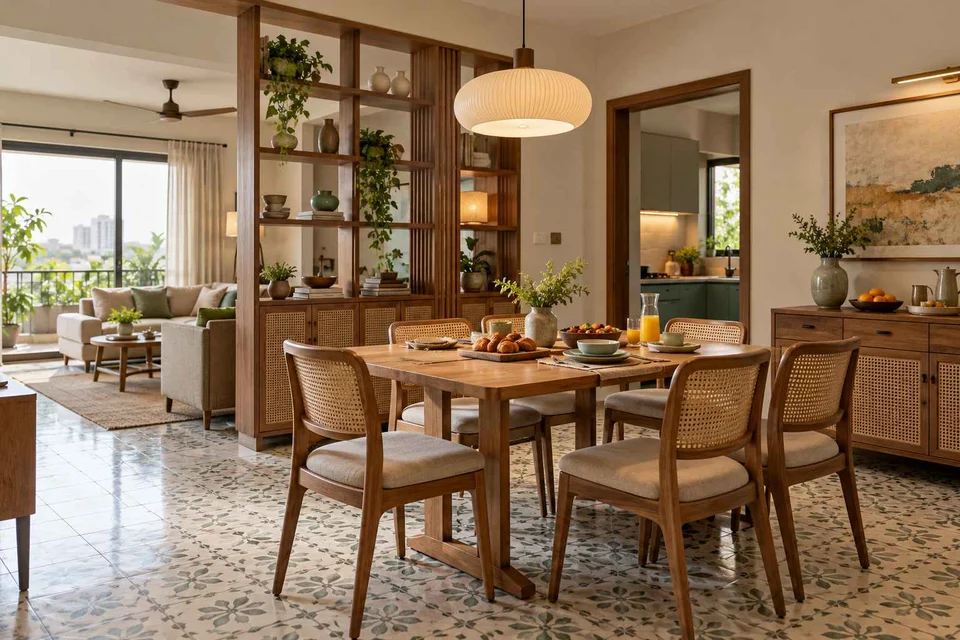 AI-generated dining-room concept: shelf-screen dining room, slow weekend brunch direction