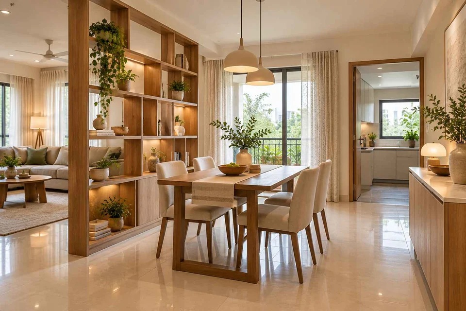 AI-generated dining-room concept: shelf-screen dining room, summer-airiness dining direction
