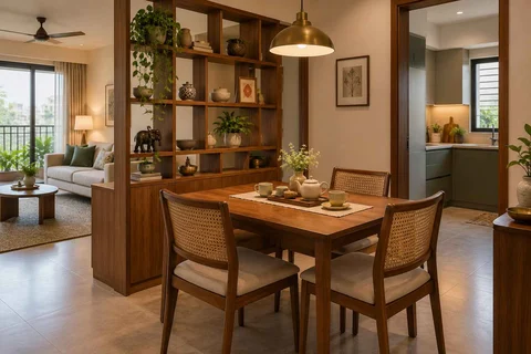 AI-generated dining-room concept: shelf-screen dining room, tea with friends direction