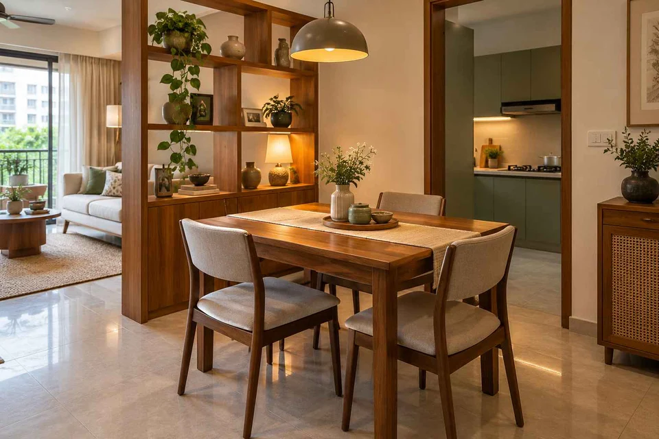 AI-generated dining-room concept: shelf-screen dining room, weekend craft-to-meal reset direction