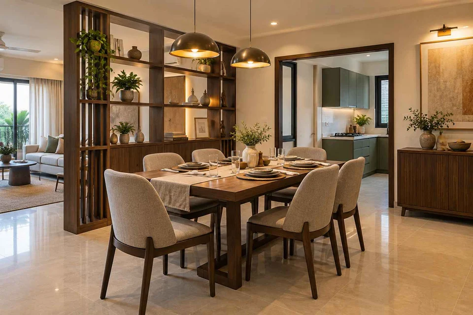 AI-generated dining-room concept: shelf-screen dining room, weeknight compact hosting direction