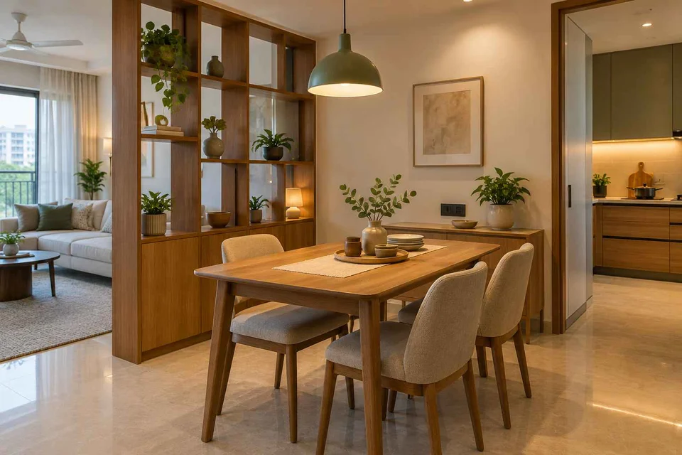 AI-generated dining-room concept: shelf-screen dining room, work-from-home reset direction