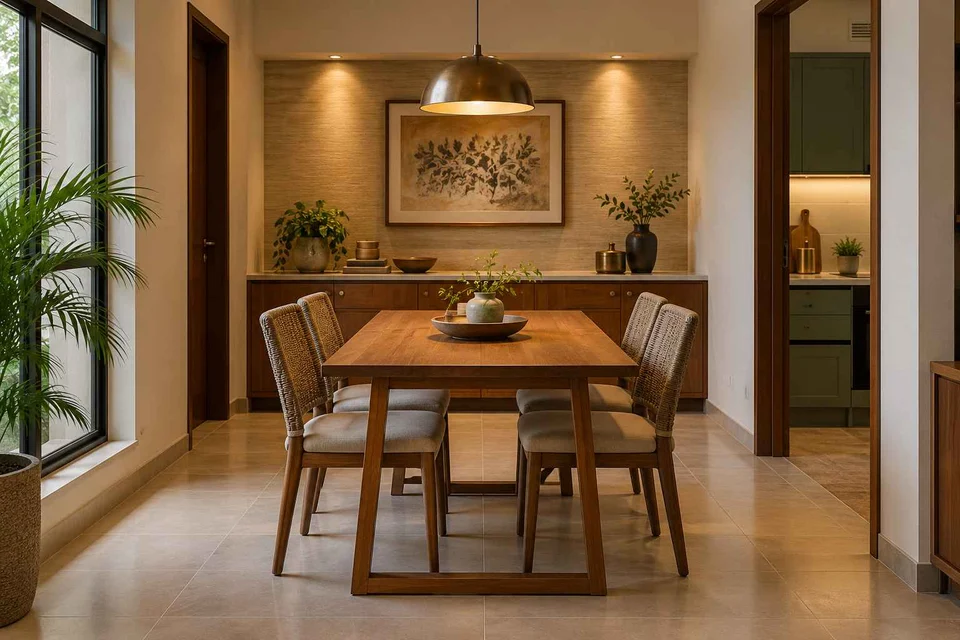 AI-generated dining-room concept: sideboard-axis dining, adaptable everyday dining direction
