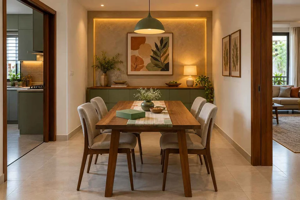 AI-generated dining-room concept: sideboard-axis dining, board-game supper direction