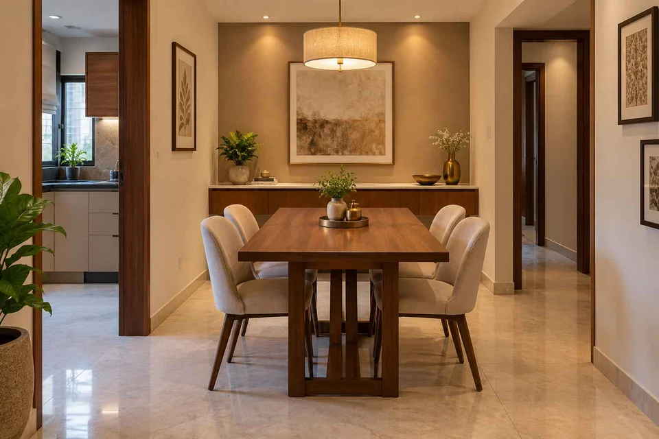 AI-generated dining-room concept: sideboard-axis dining, buffet-side gathering direction