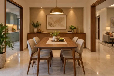 AI-generated dining-room concept: sideboard-axis dining, children's everyday meals direction