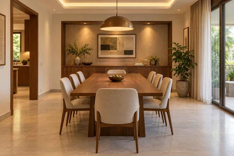 AI-generated dining-room concept: sideboard-axis dining, clear-table daily reset direction
