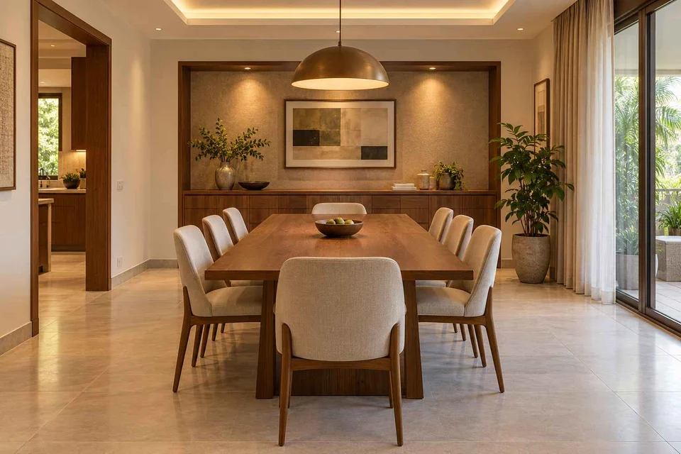 AI-generated dining-room concept: sideboard-axis dining, clear-table daily reset direction