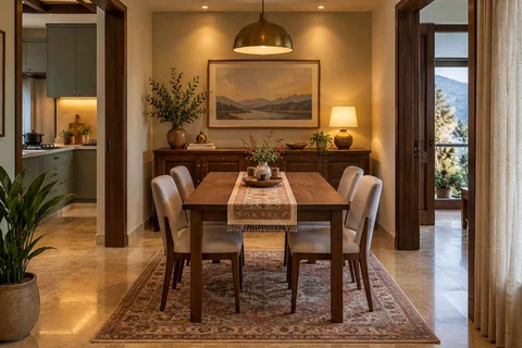 AI-generated dining-room concept: sideboard-axis dining, cool-season family table direction