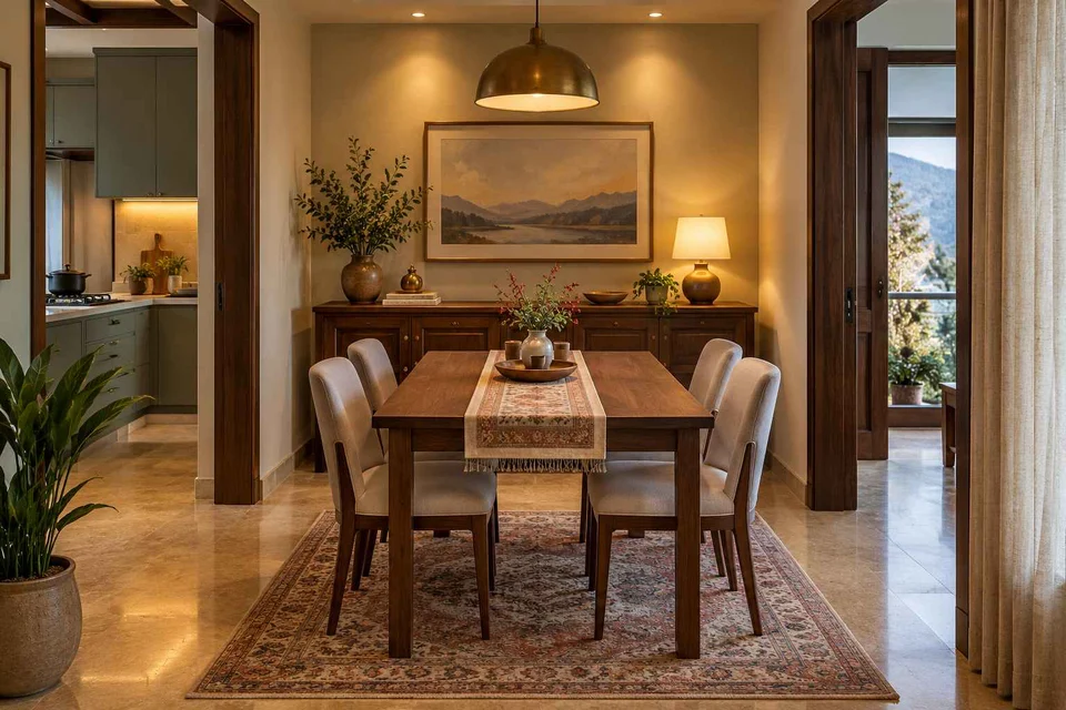 AI-generated dining-room concept: sideboard-axis dining, cool-season family table direction