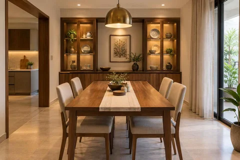 AI-generated dining-room concept: sideboard-axis dining, crockery collection display direction