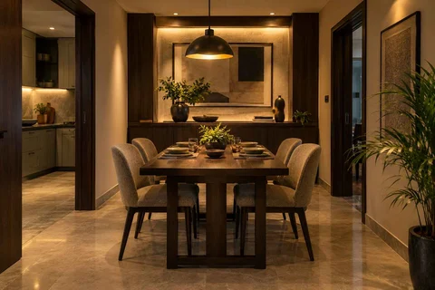 AI-generated dining-room concept: sideboard-axis dining, evening candleless dinner direction