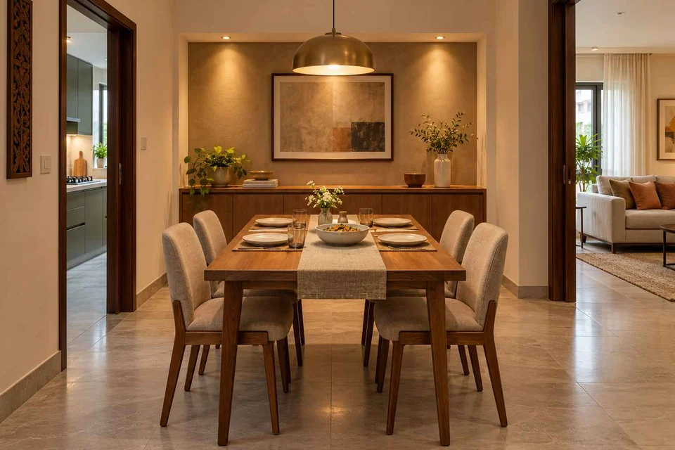 AI-generated dining-room concept: sideboard-axis dining, everyday family supper direction