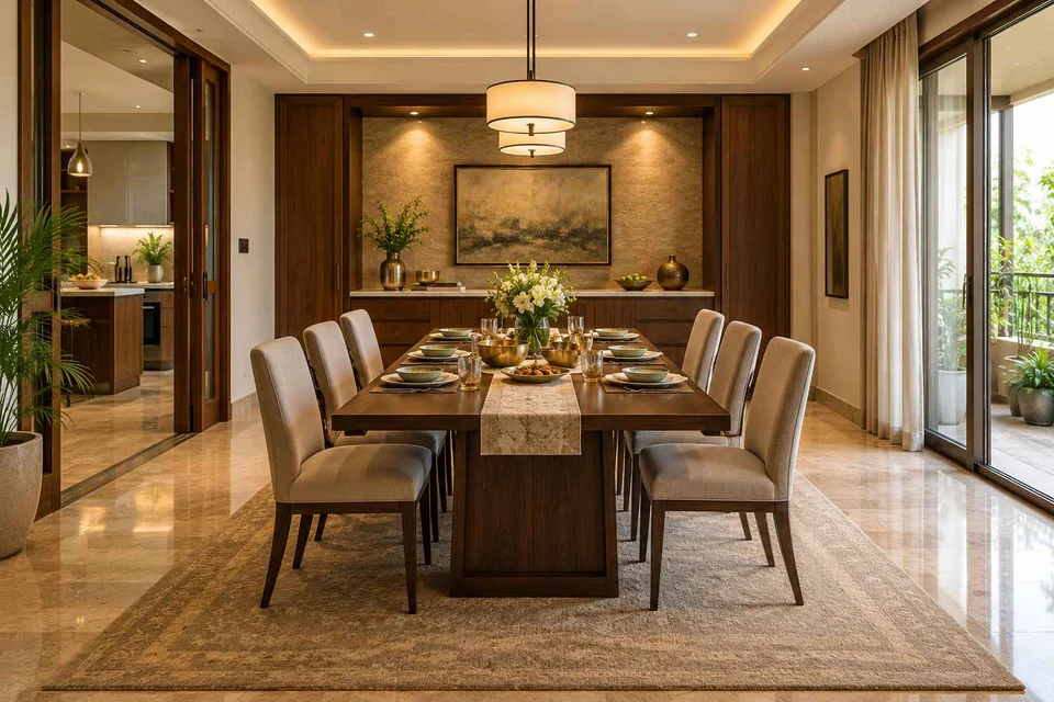 AI-generated dining-room concept: sideboard-axis dining, festival meal preparation direction