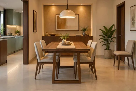 AI-generated dining-room concept: sideboard-axis dining, flexible extra seats direction