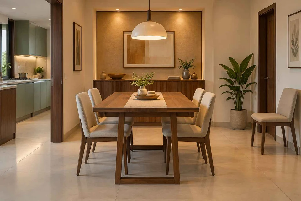 AI-generated dining-room concept: sideboard-axis dining, flexible extra seats direction