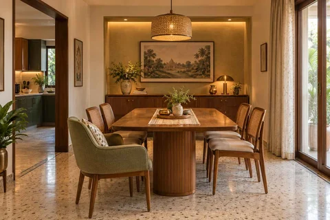 AI-generated dining-room concept: sideboard-axis dining, grandparents and grandchildren direction