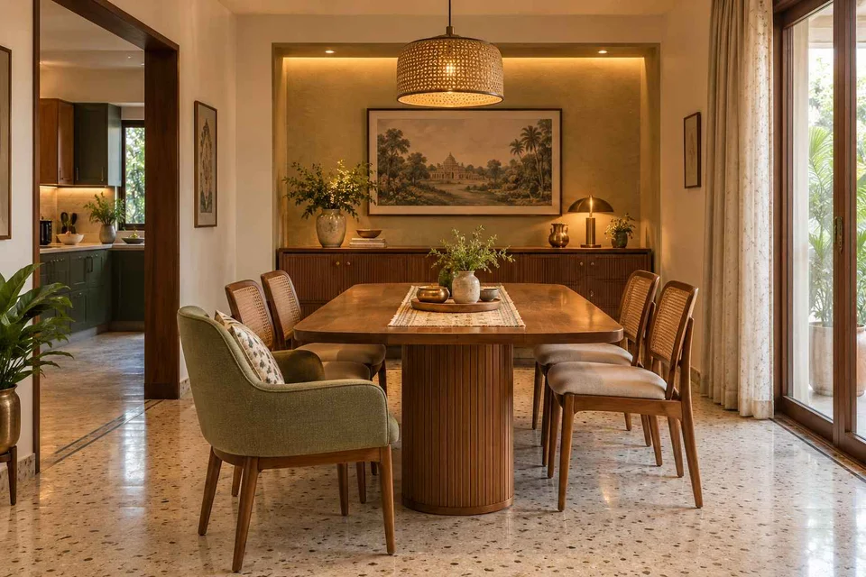 AI-generated dining-room concept: sideboard-axis dining, grandparents and grandchildren direction