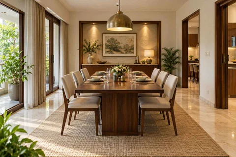 AI-generated dining-room concept: sideboard-axis dining, guest welcome meal direction