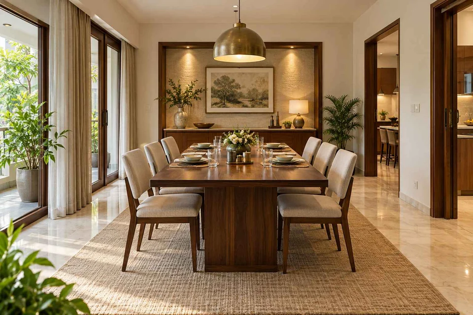 AI-generated dining-room concept: sideboard-axis dining, guest welcome meal direction