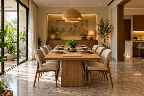 AI-generated dining-room concept: sideboard-axis dining, homegrown herb table direction