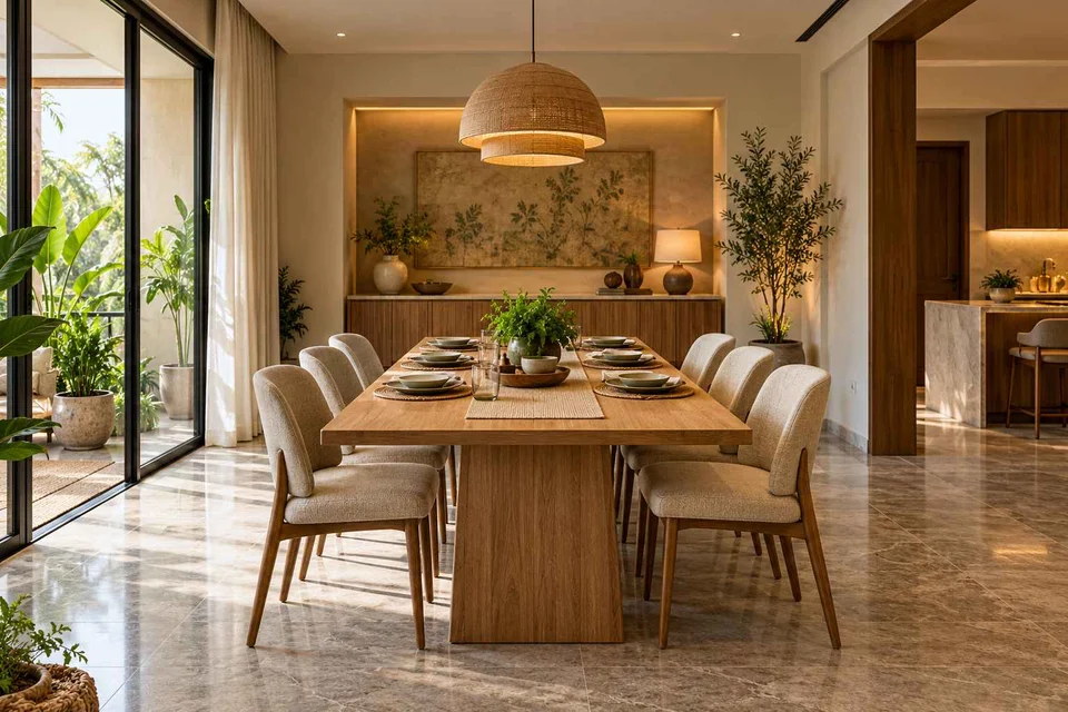 AI-generated dining-room concept: sideboard-axis dining, homegrown herb table direction