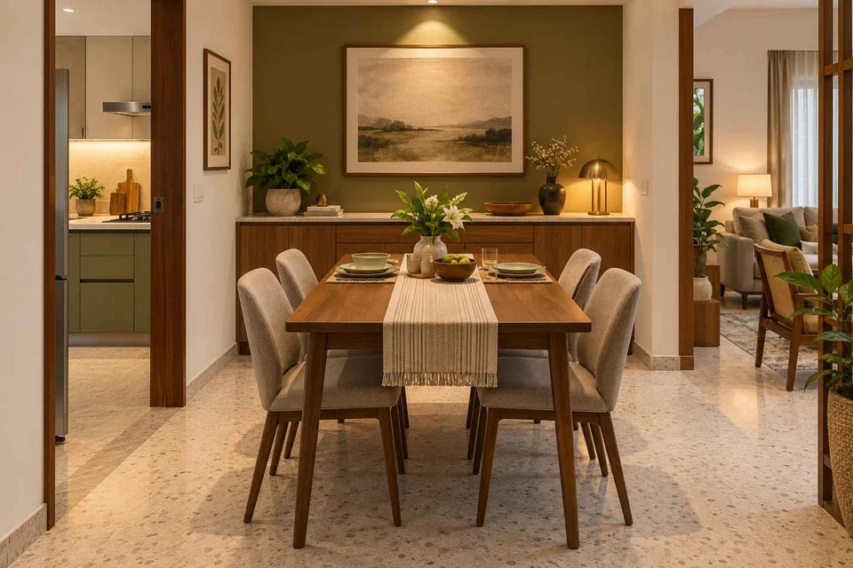 AI-generated dining-room concept: sideboard-axis dining, homework-to-dinner transition direction
